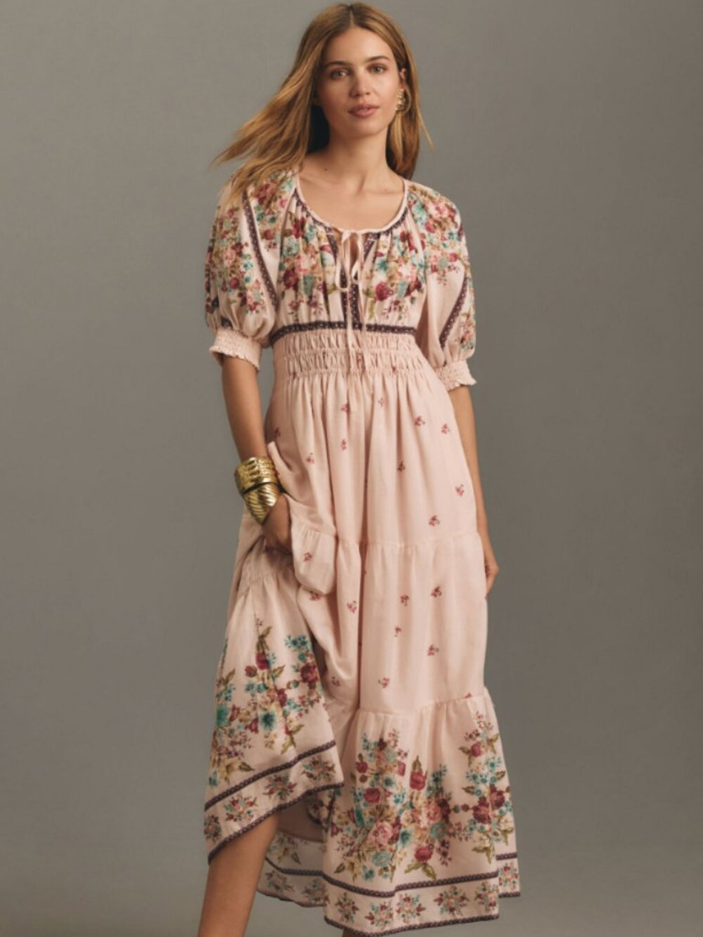 Anthropologie The Somerset Puff-Sleeve Maxi Dress Multi-Color Dress Pockets